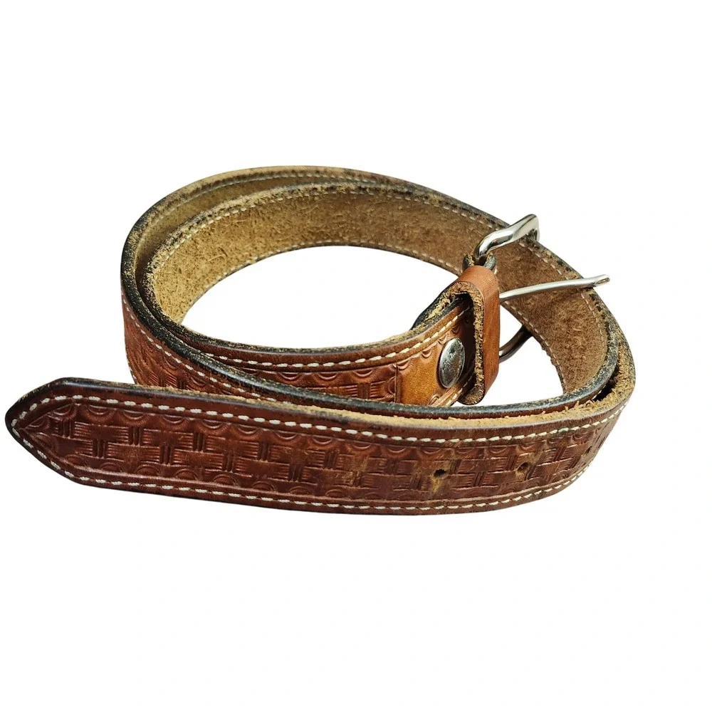 Vtg Justin Top Grain Cowhide Leather Belt Tooled Basketweave Western Size 42 USA